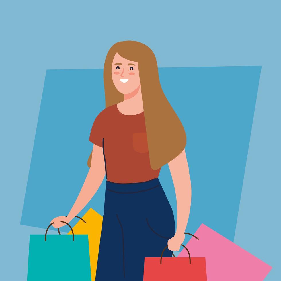 mujer feliz, proceso de llevar, bolsas de compras, mujer joven, tenencia, bolsas de compras vector