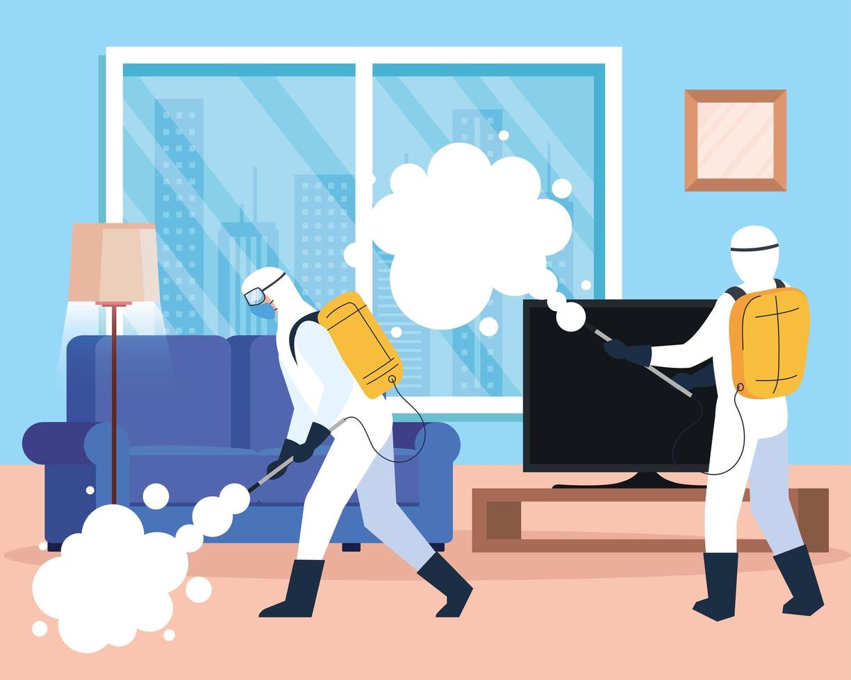 home disinfection by commercial disinfecting service, disinfection workers group with protective suit and spray prevent covid 19 vector