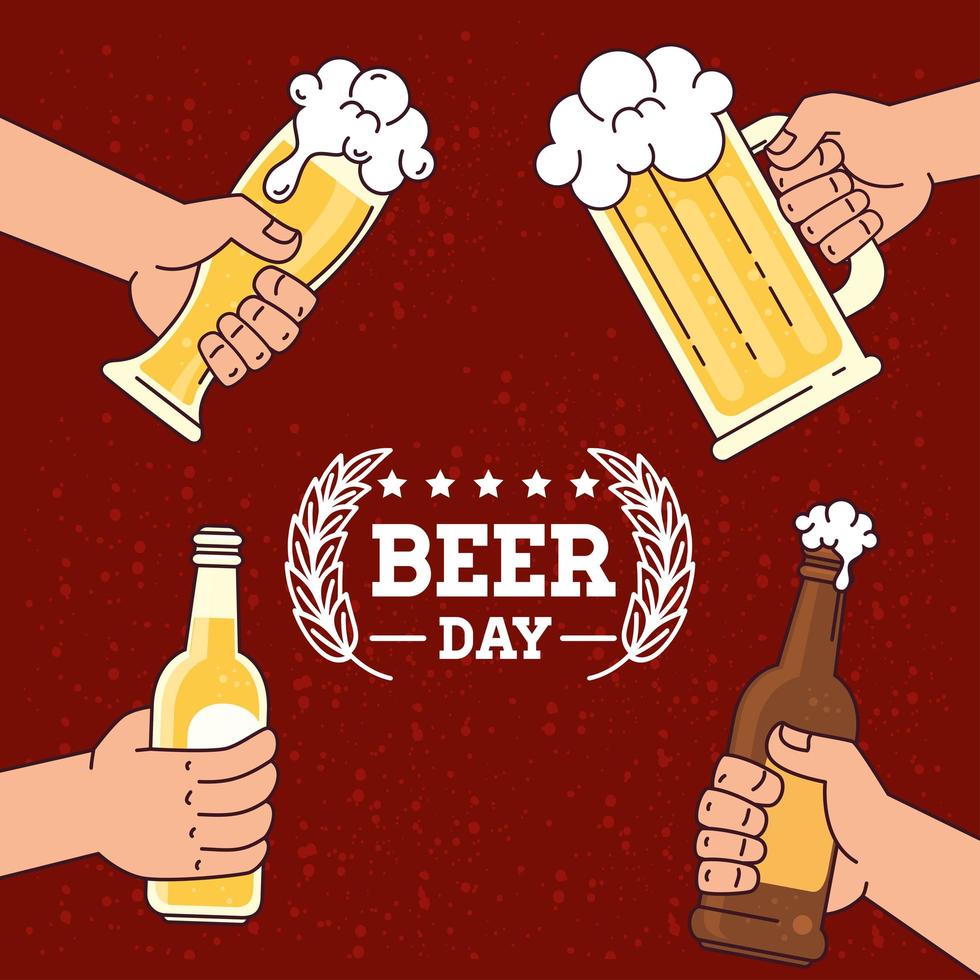 international beer day, august, hands holding a beers vector