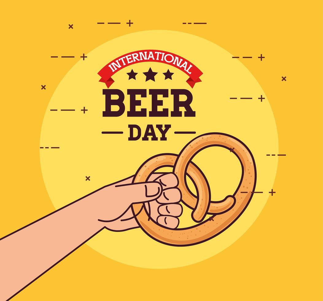 international beer day, august, hand holding a appetizing pretzel vector