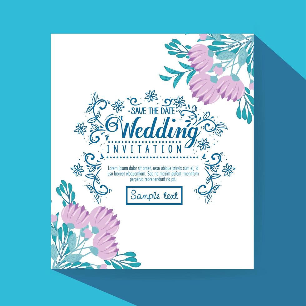 Wedding invitation with purple flowers and leaves vector design