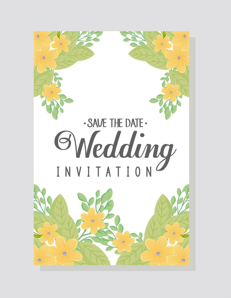 invitación de boda con flores amarillas y hojas de diseño vectorial vector