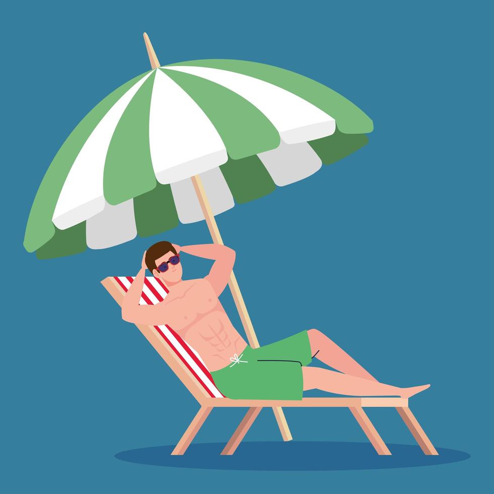 man in shorts in chair beach, happy guy in swimsuit in chair beach, umbrella protection, summer vacation season vector
