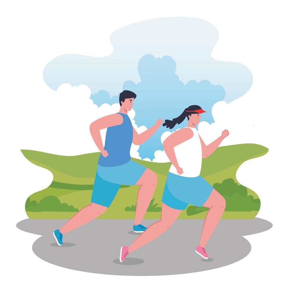 couple running outdoor, woman and man in sportswear jogging in the park vector