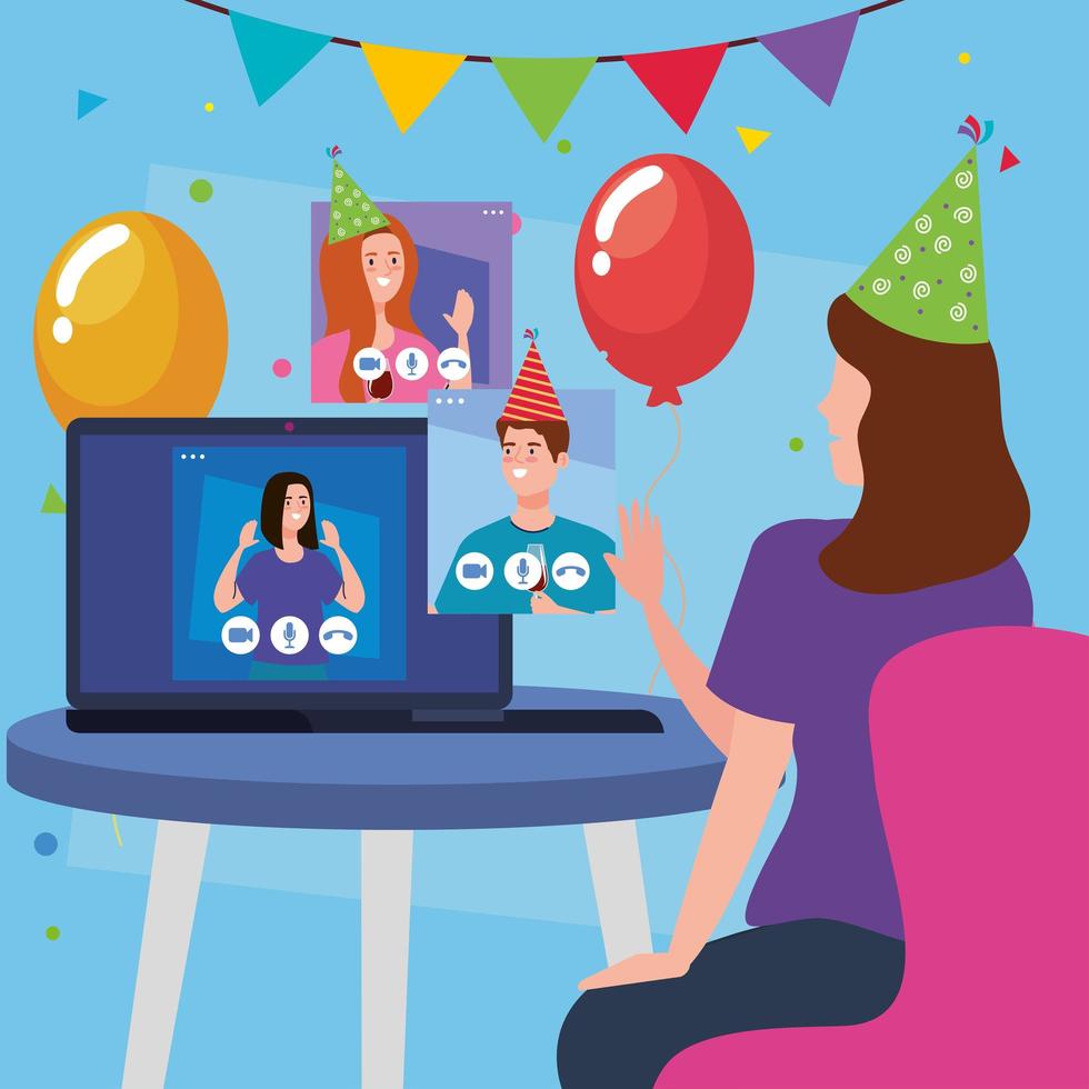 woman with party hat and girl on laptop vector design