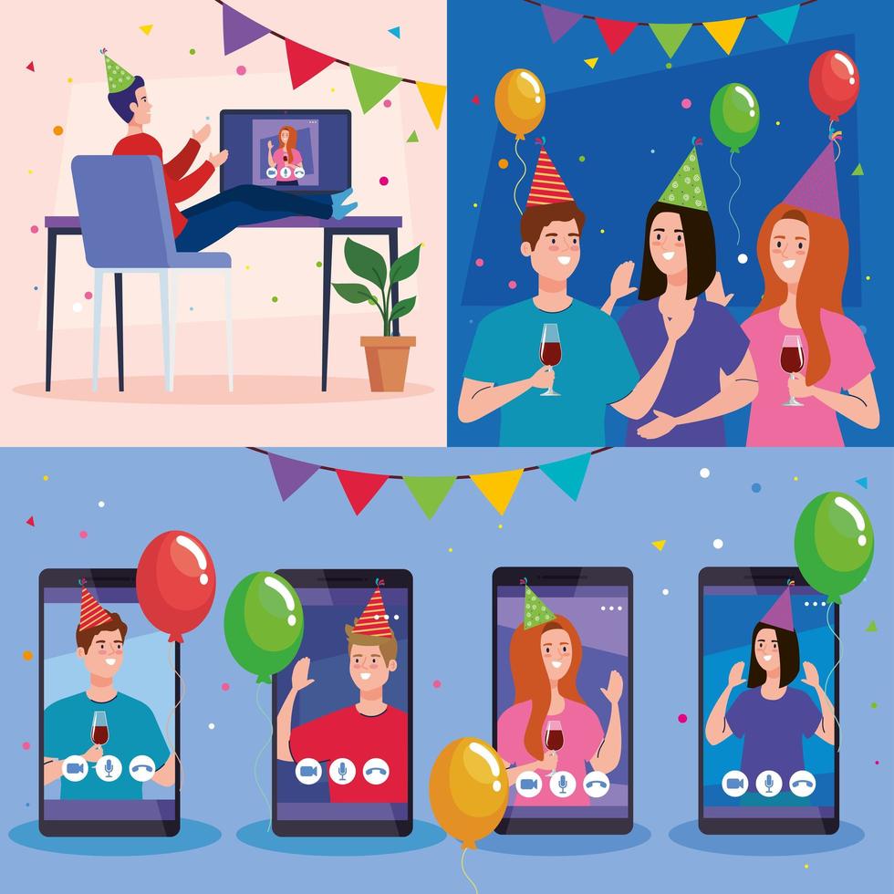 women and men with party hats and balloons in video conference vector design