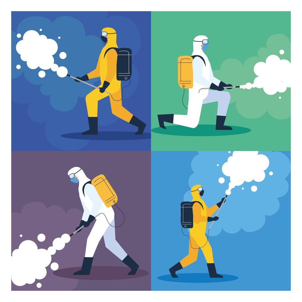 set scenes, home disinfection by commercial disinfecting service, disinfection workers with protective suit and spray prevent covid 19 vector