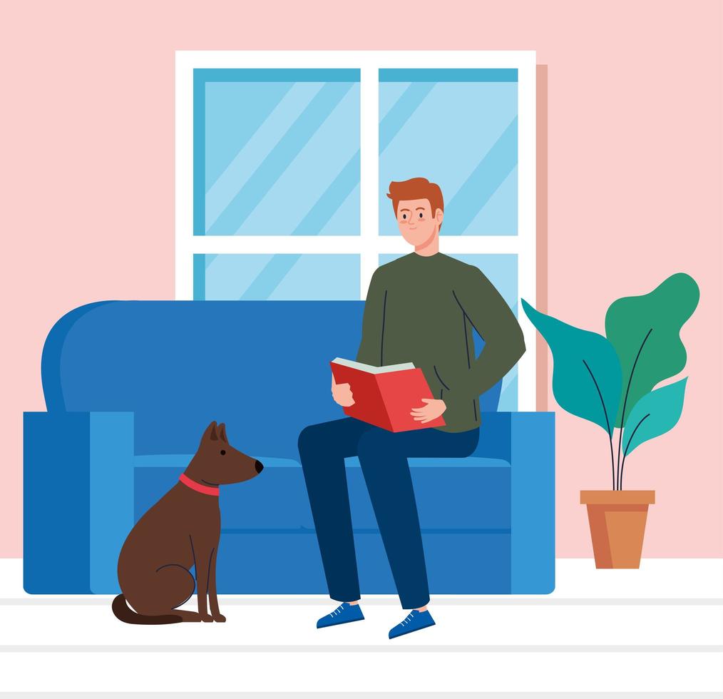 man reading book in the house, sitting in couch with dog mascot vector