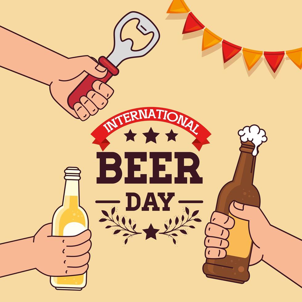 international beer day, august, with hands holding bottles beer and opener bottle vector