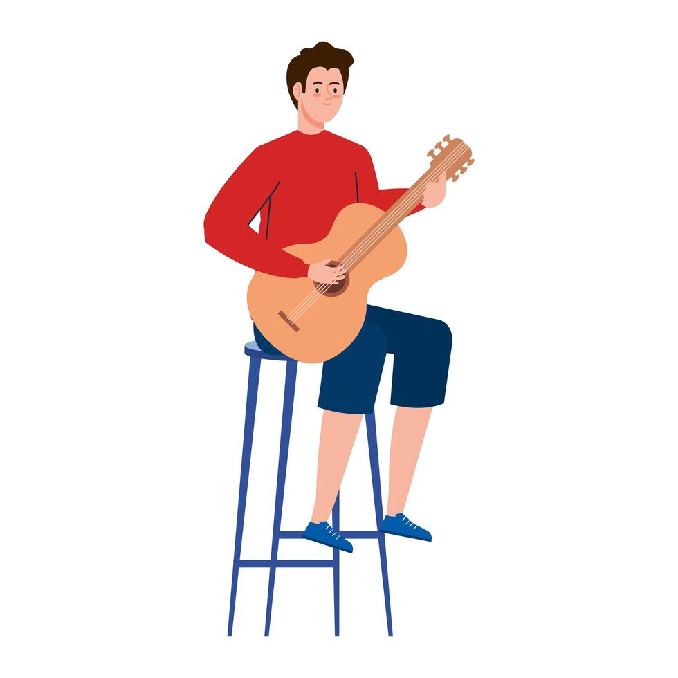 joven tocando la guitarra sentado en una silla sobre fondo blanco vector