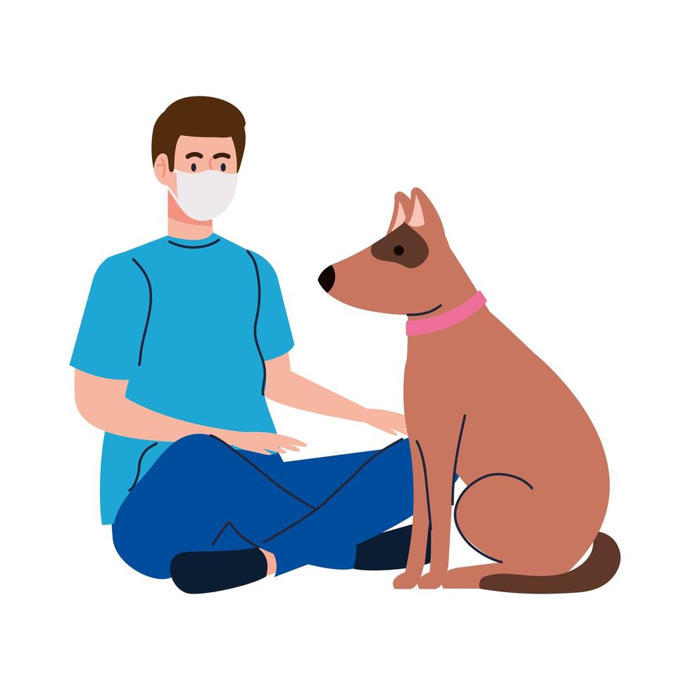 man wearing protective medical mask against covid 19 sitting with dog pet vector