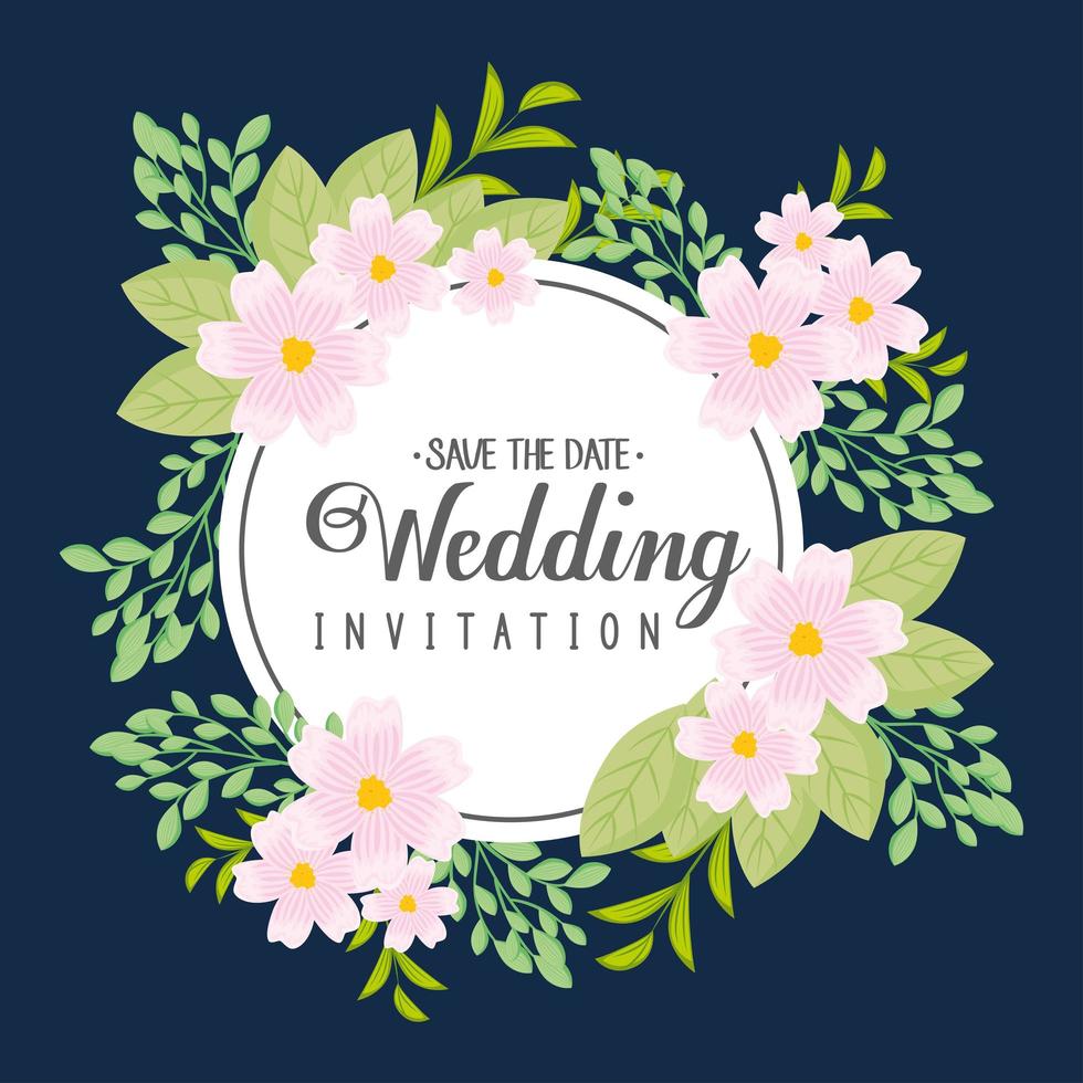 Wedding invitation with white flowers and leaves vector design