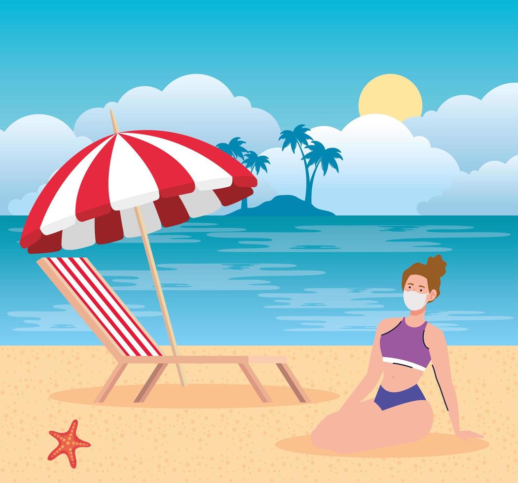 nuevo concepto normal de playa de verano después del coronavirus o covid 19, mujer, con máscara médica en la playa vector