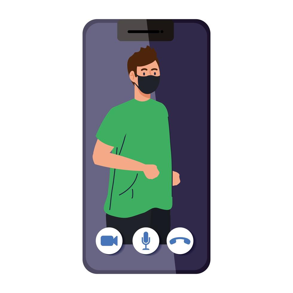 Hombre con máscara y ropa deportiva en diseño vectorial de smartphone vector