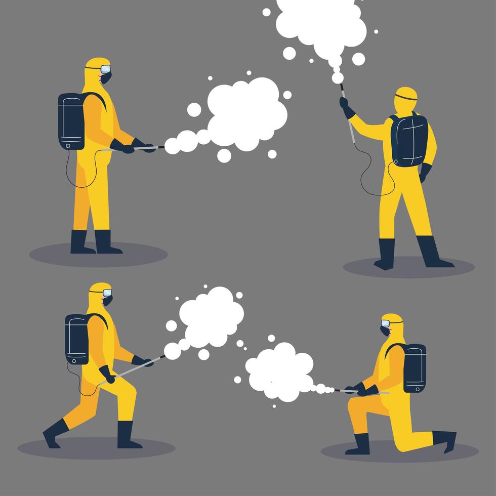 persons in protective suit or clothing, spray to cleaning and disinfection virus, covid 19 disease, preventive measure vector