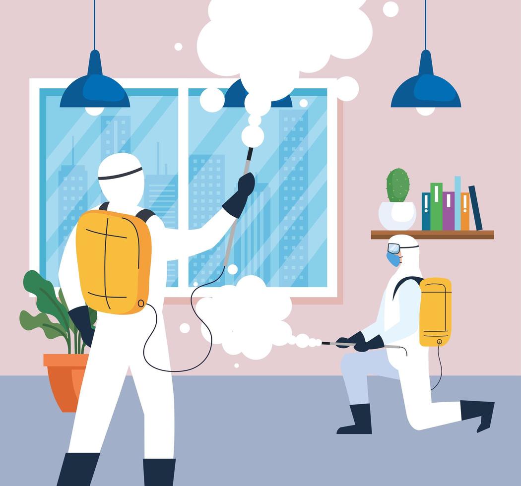 home disinfection by commercial disinfecting service, disinfection workers group with protective suit and spray prevent covid 19 vector