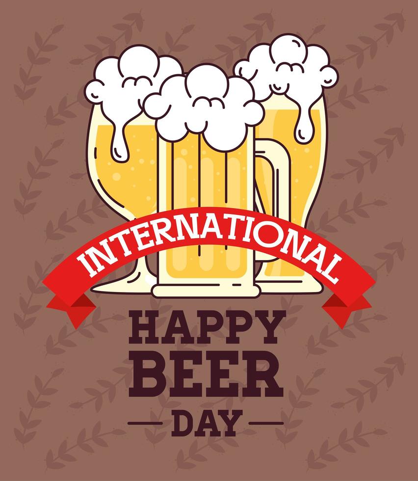 international beer day, august, mug, cup, and glass of beer with ribbon decoration vector