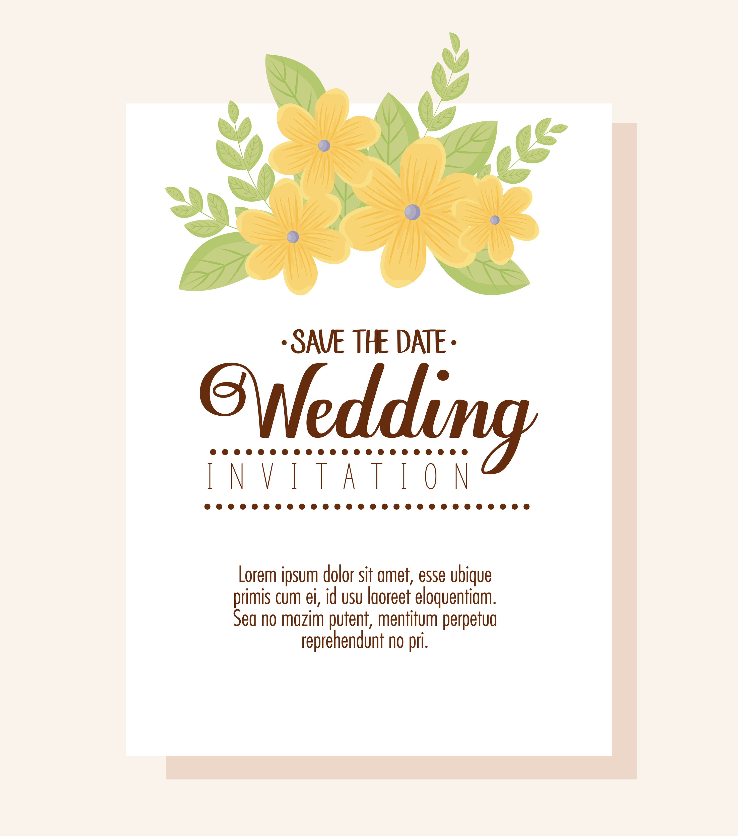 Wedding invitation with yellow flowers and leaves vector design 6197589 ...