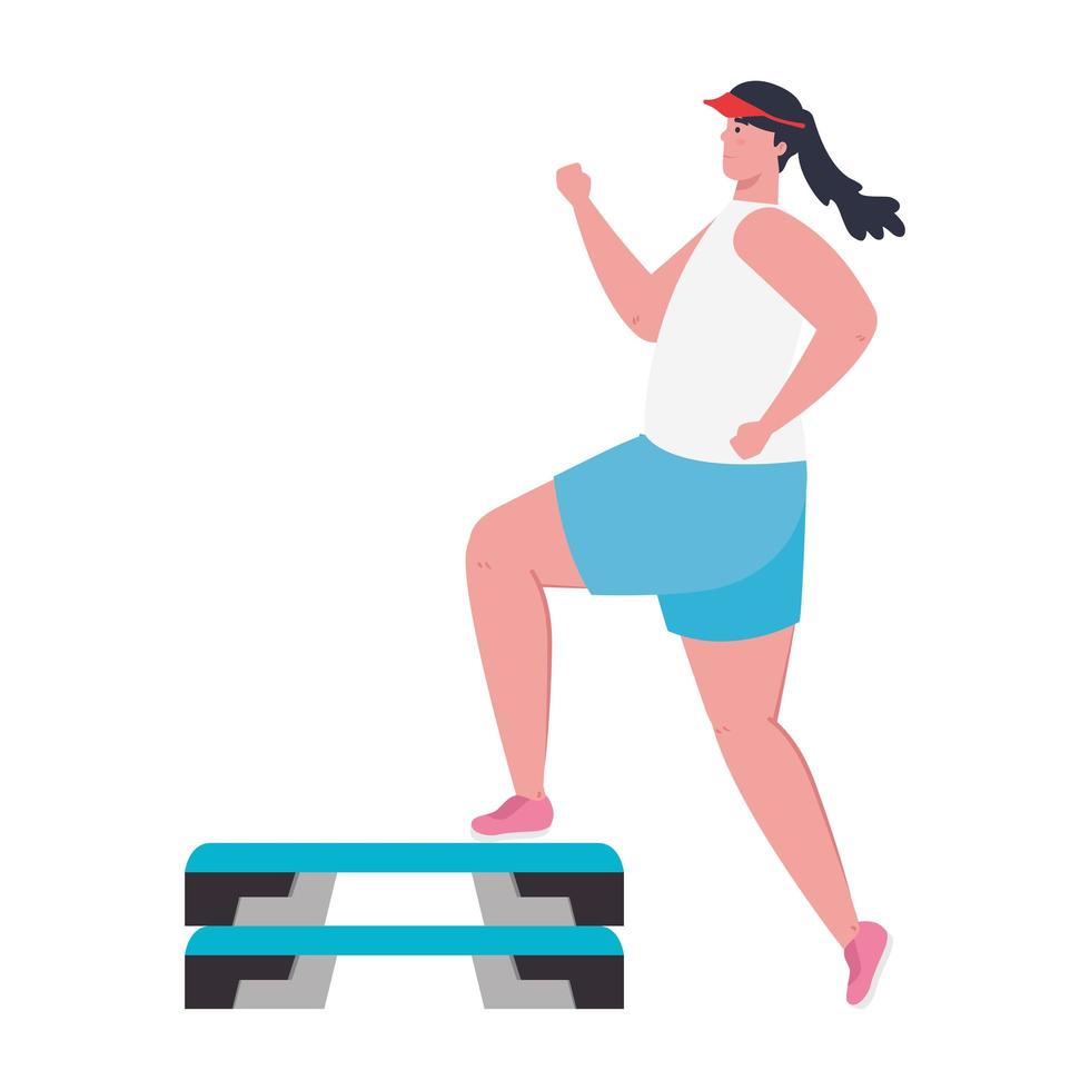 mujer joven en ropa deportiva, entrenamiento deportivo en plataforma escalonada vector