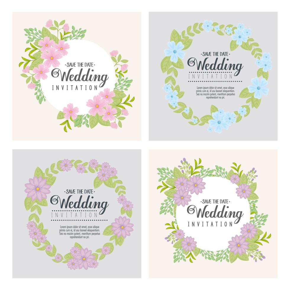 Wedding invitations set with flowers and leaves vector design