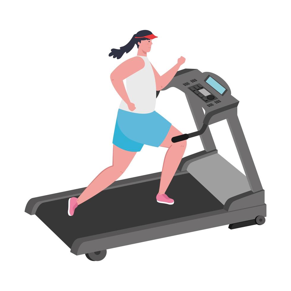 sport, woman running on treadmill, sport person at the electrical training machine vector