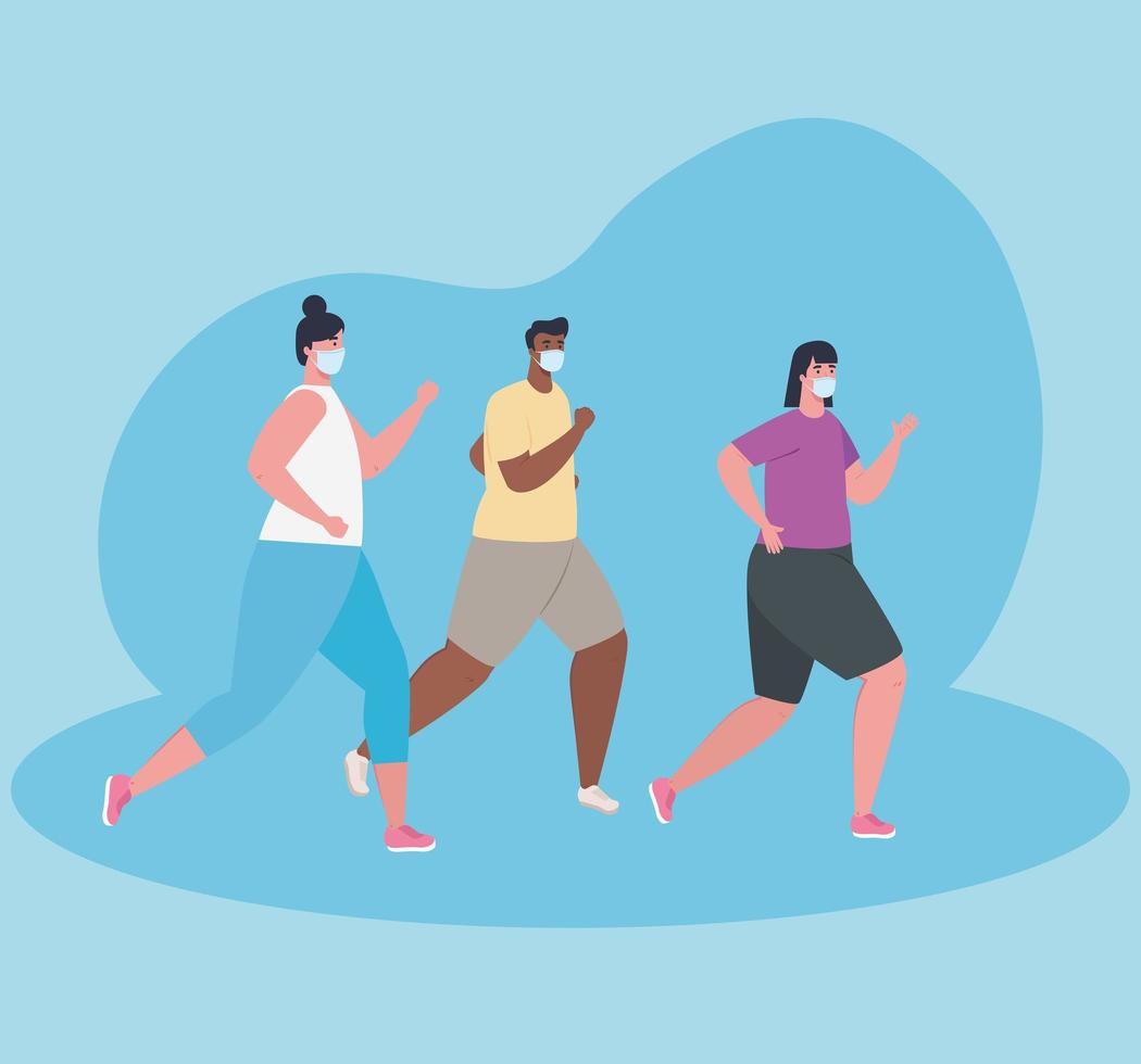 young people running wearing medical mask, women and man in sportswear jogging, during coronavirus covid 19 vector