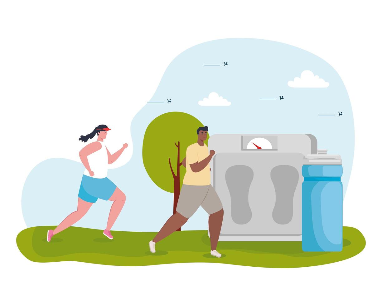 couple running outdoor, with balance weight and bottle beverage vector