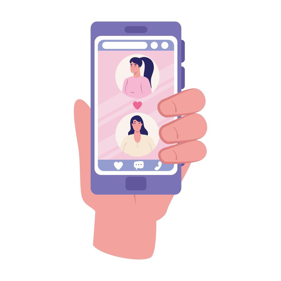 Hand holding smartphone with women heart and chatting bubble vector design