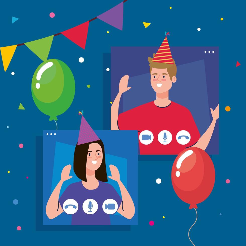 women and men with party hats on smartphones vector design