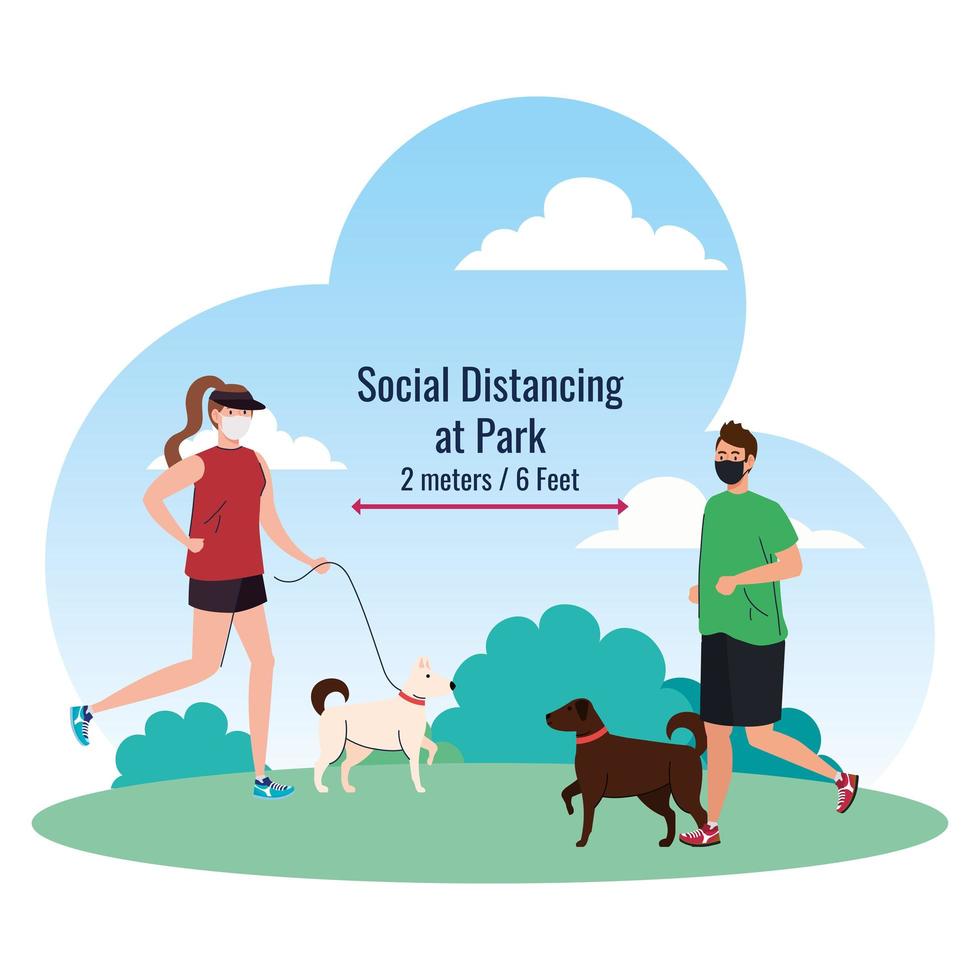 distanciamiento social entre hombre y mujer con máscaras corriendo con perros en el diseño de vectores del parque
