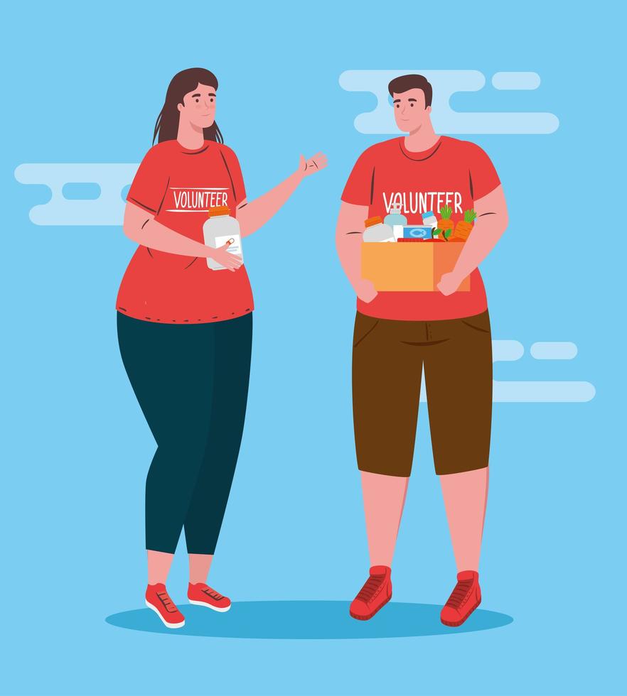 volunteers woman and man with donate box vector design