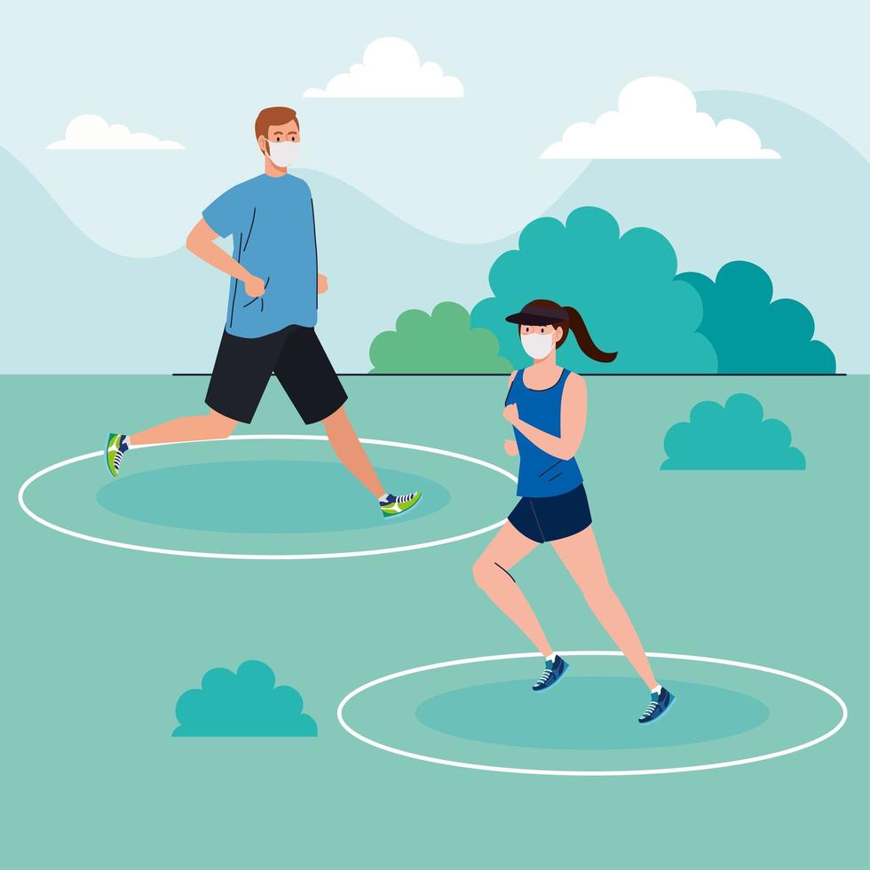 Social distancing between man and woman with masks running at park vector design