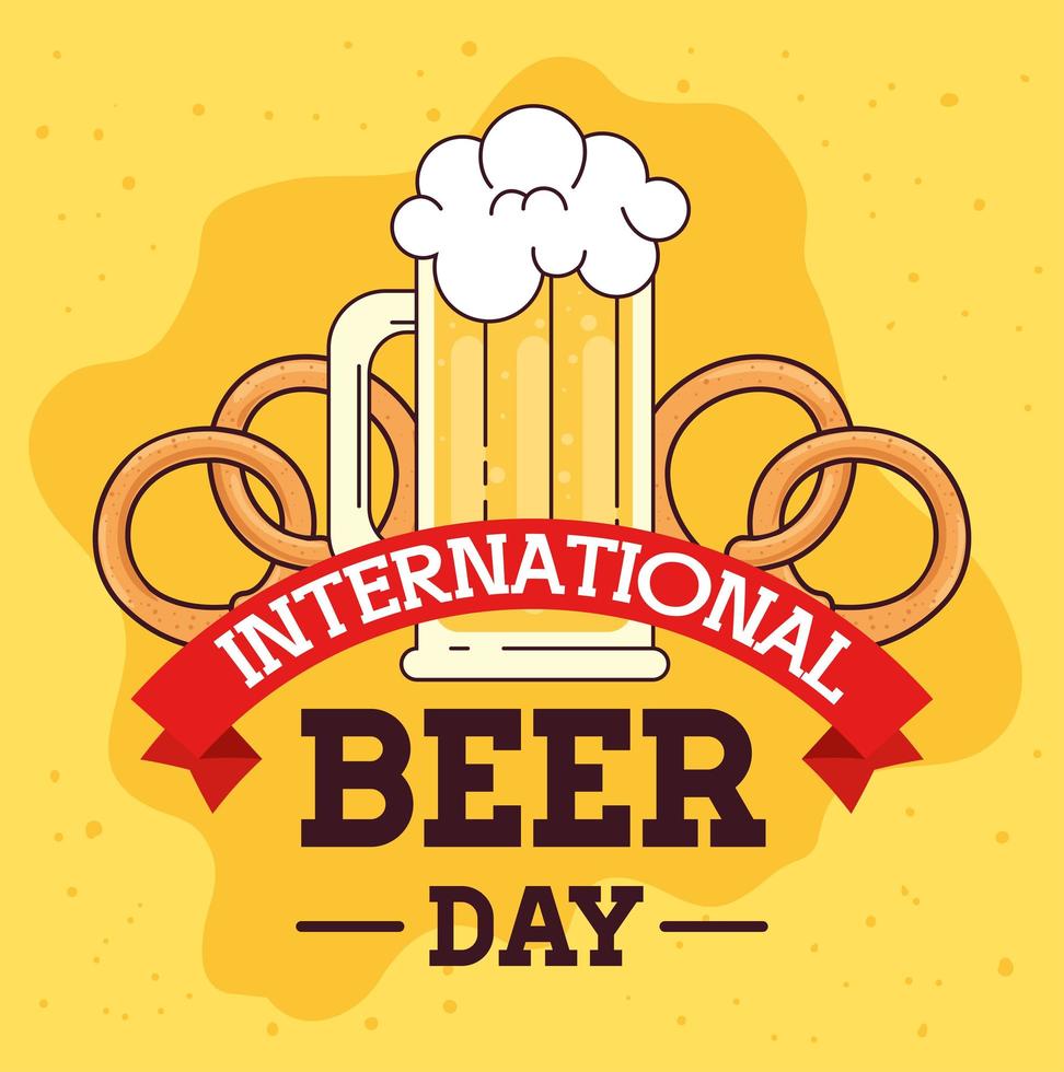 día internacional de la cerveza, agosto, con jarra de cerveza y pretzel vector