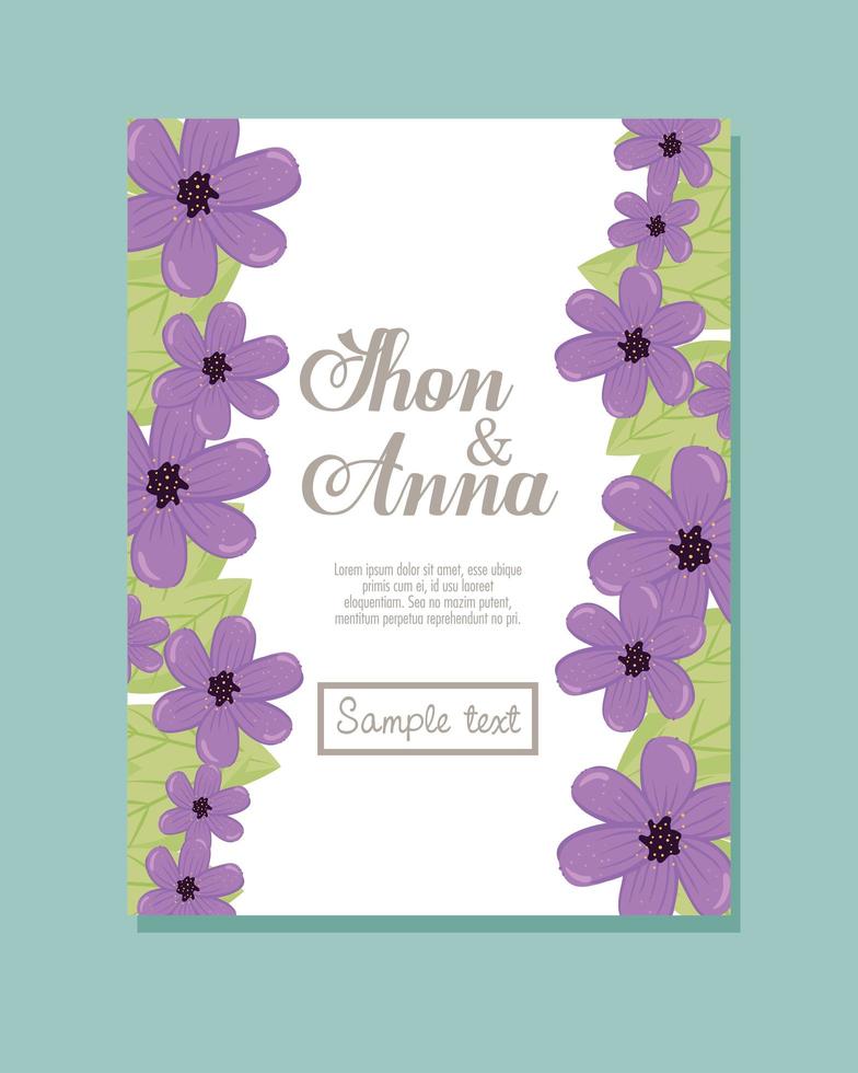 Wedding invitation with purple flowers and leaves vector design