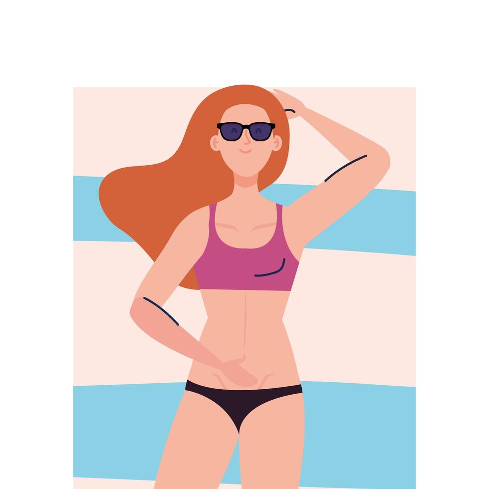 view aerial, woman with swimsuit using sunglasses lying down, tanning on towel, summer vacation season vector