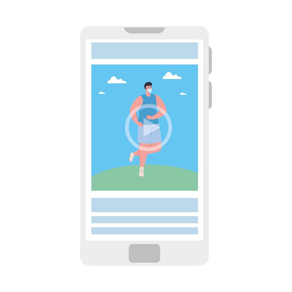 online sport tutorial, man wearing medical mask, in smartphone practicing sport vector