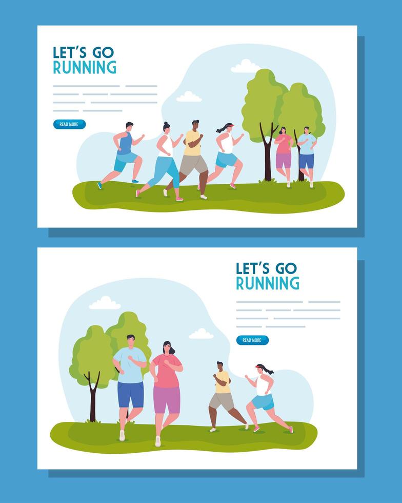 set of, banners lets go running, group people running outdoor vector