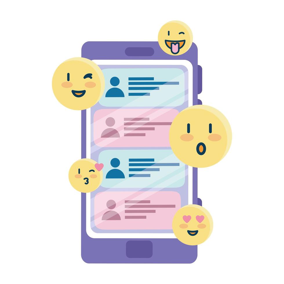 happy emojis and chats on smartphone vector design