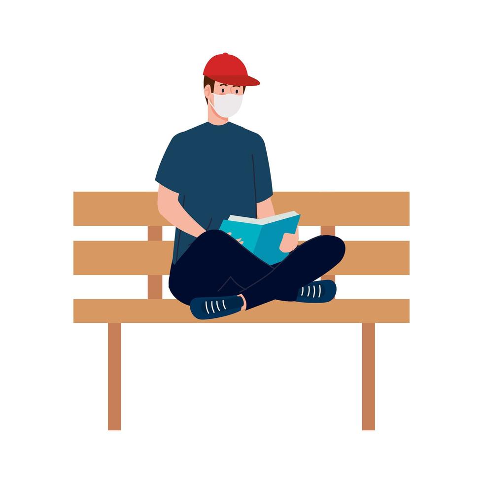 hombre con máscara leyendo un libro en el diseño de vectores de banco