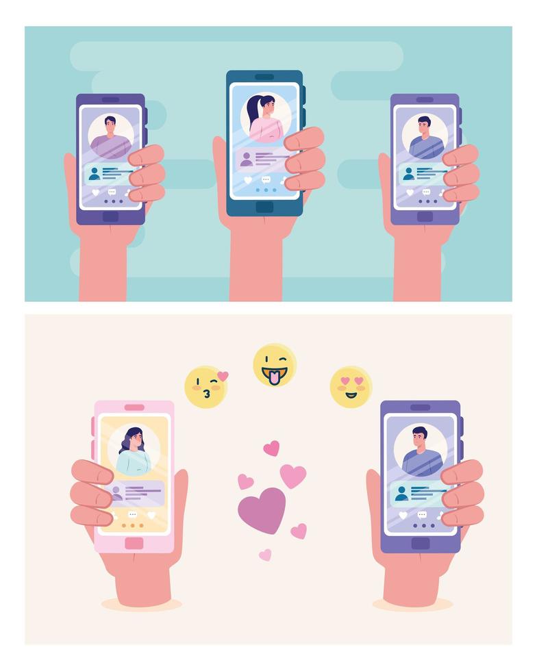 hands holding smartphones with women and men chatting vector design