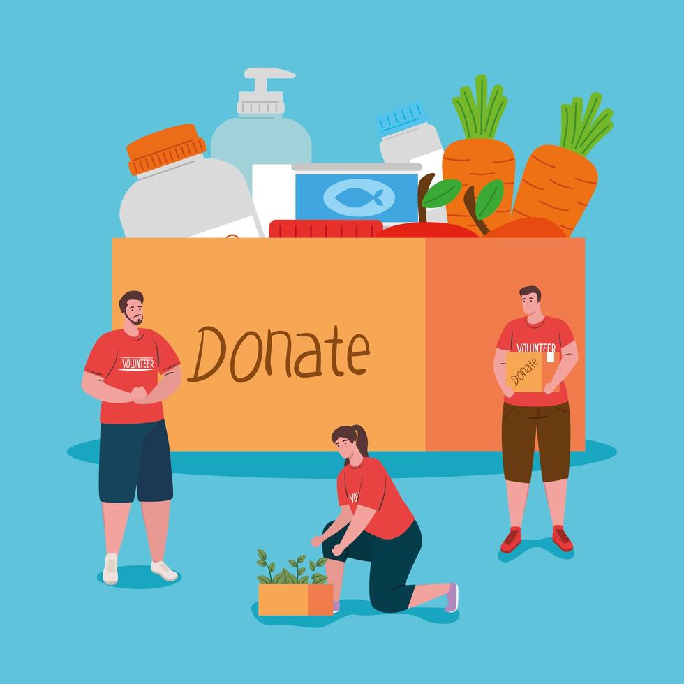 volunteers men and woman with donate boxes vector design