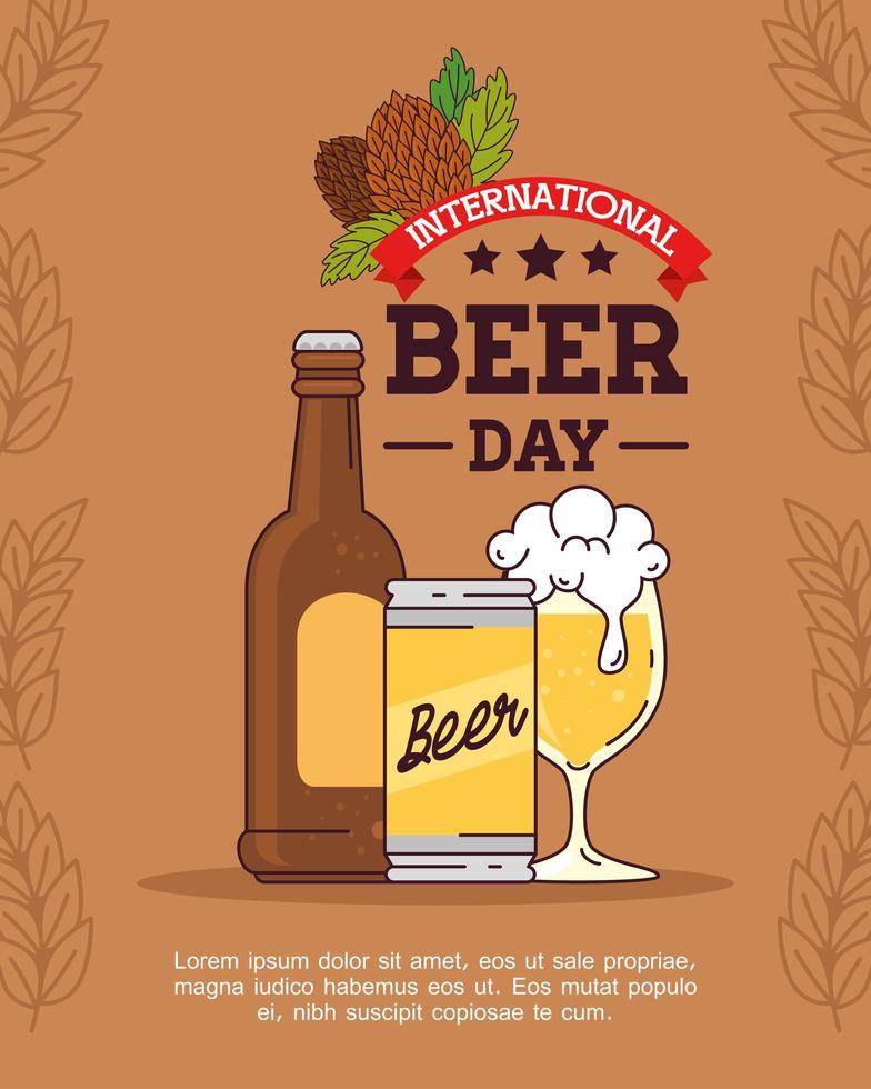 día internacional de la cerveza, agosto, botella, lata y vaso de cerveza vector