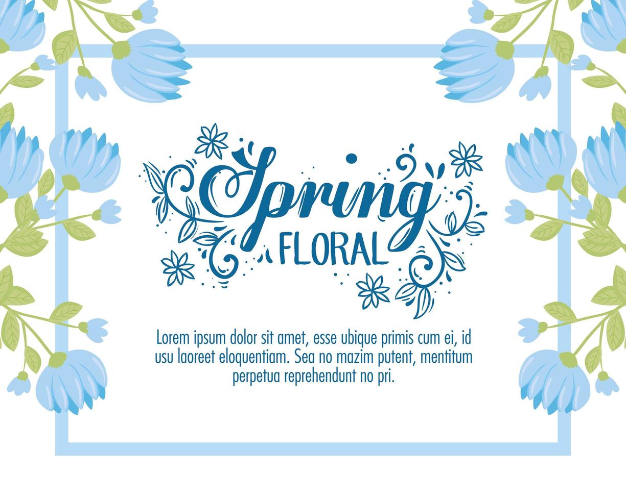Wedding invitation with blue flowers and leaves vector design