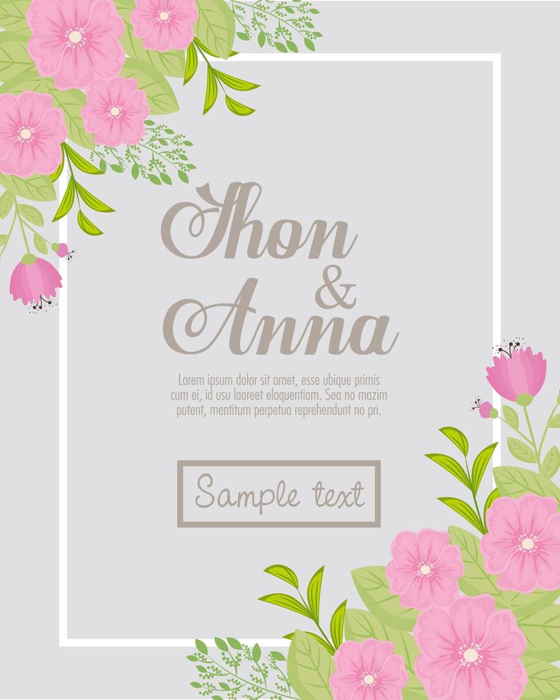 Wedding invitation with pink flowers and leaves vector design