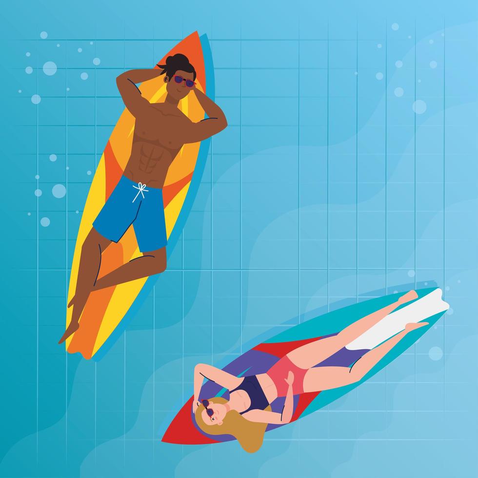 couple with swimsuit, lying down on surfboards, in the pool, summer vacation season vector