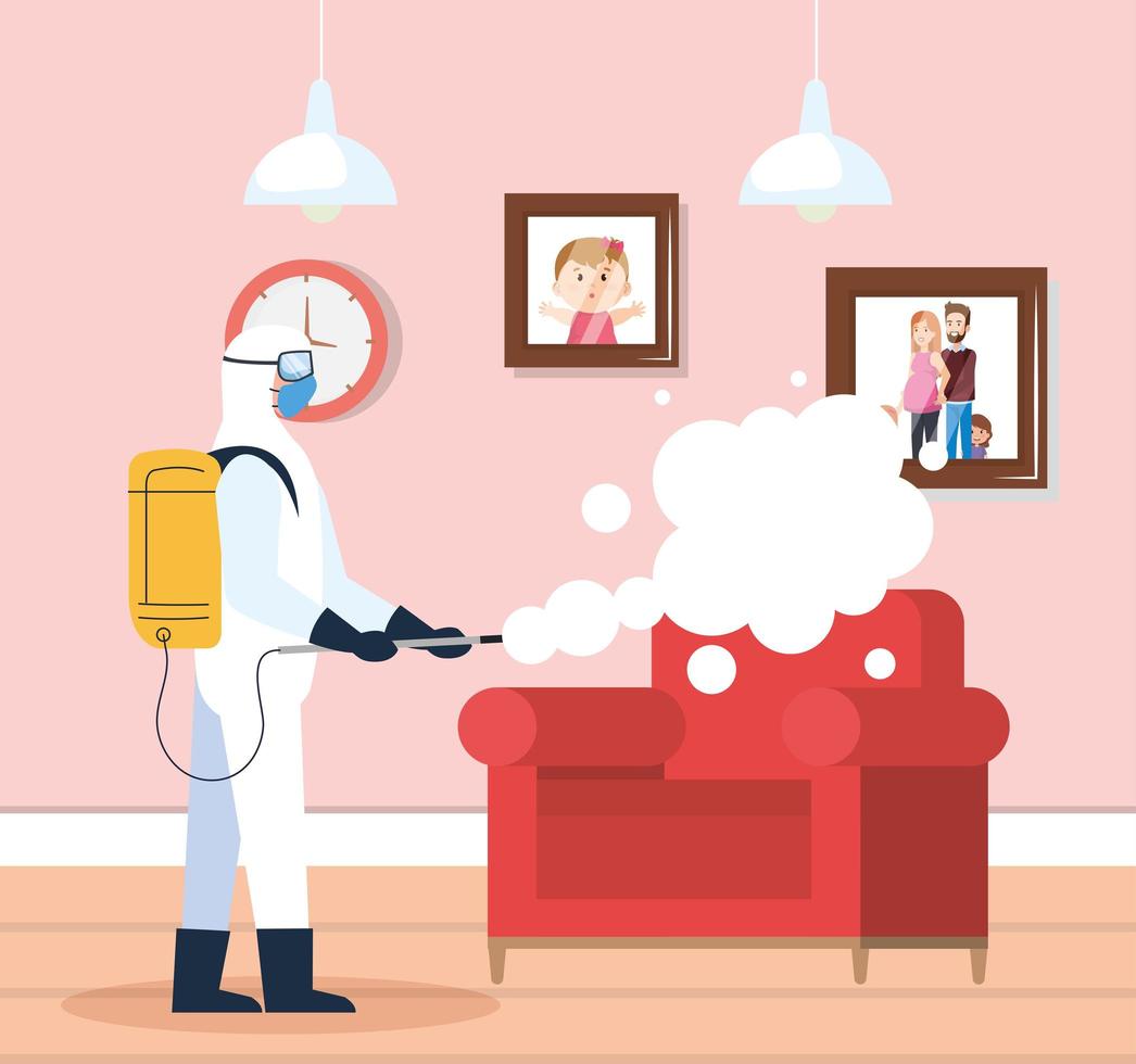 home disinfection by commercial disinfecting service, disinfection worker with protective suit and spray prevent covid 19 in living room house vector
