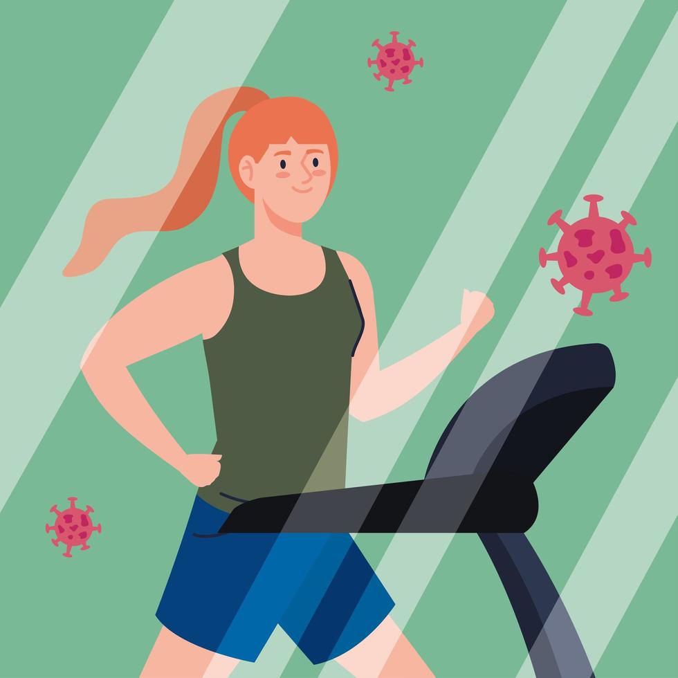 sport, woman running on treadmill, with particles coronavirus covid 19 vector
