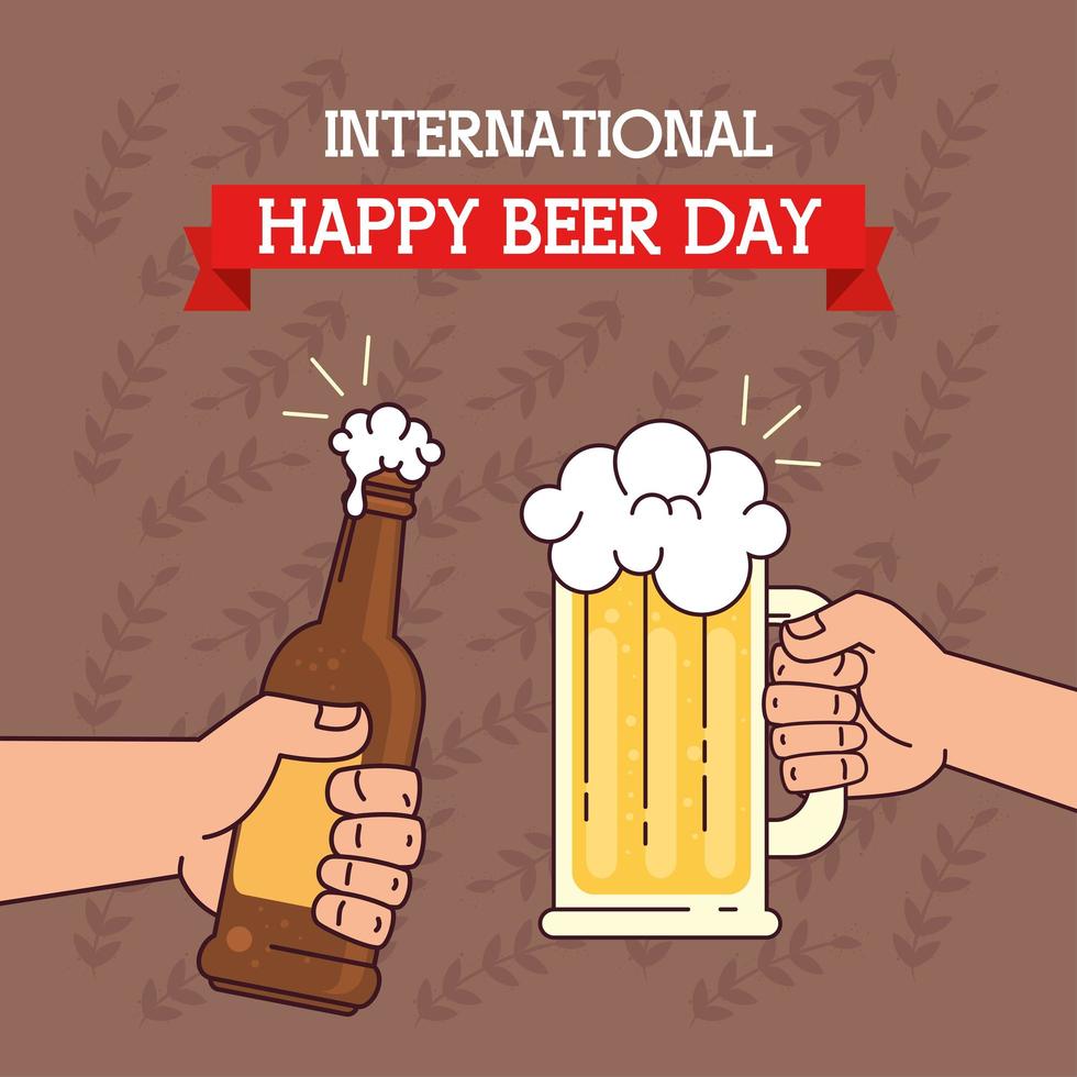 international beer day, august, with hands holding bottle and mug glass of beer vector