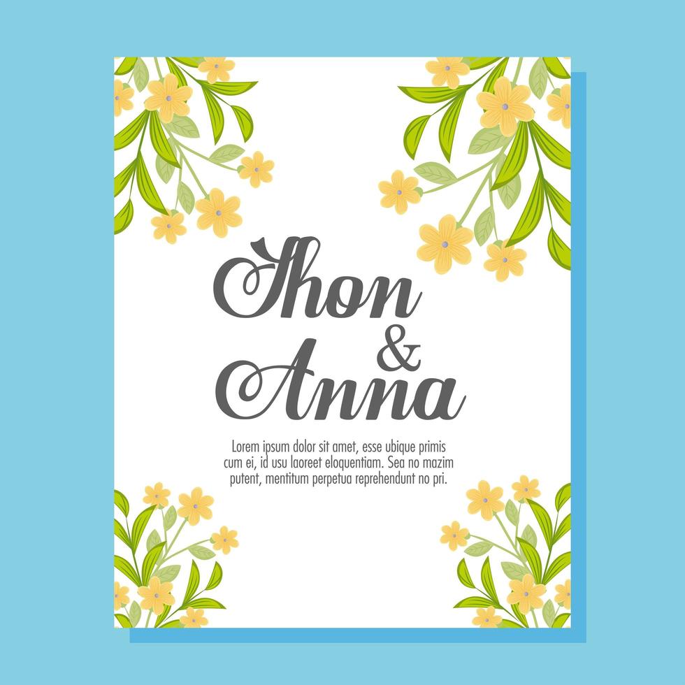 Wedding invitation with yellow flowers and leaves vector design
