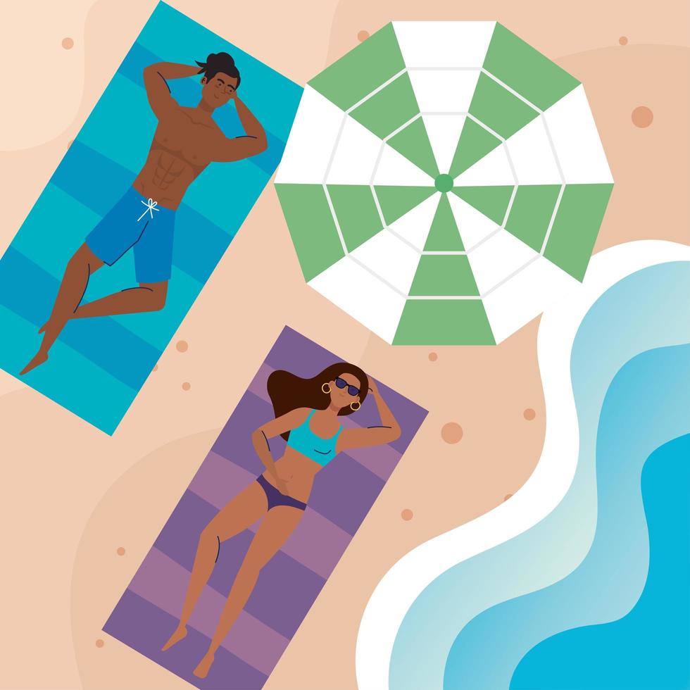 couple afro with swimsuit lying down tanning on the beach, summer vacation season vector
